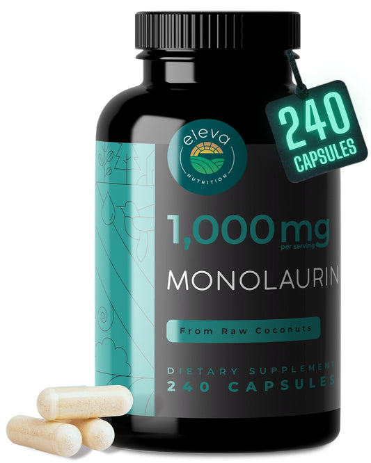 Eleva Nutrition Monolaurin capsules bottle, convenient daily supplement for vegan lifestyles.