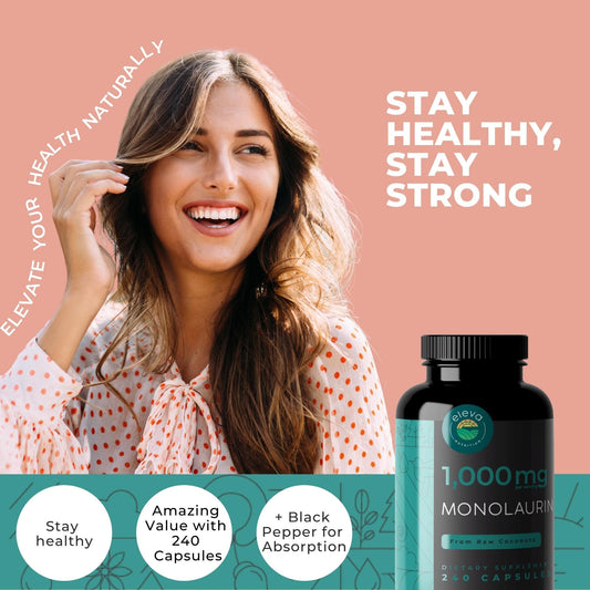 Eleva Nutrition monolaurin capsules closeup, easy-to-swallow daily capsules.