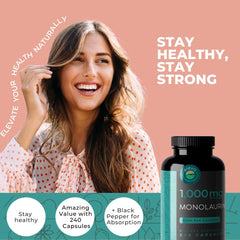 Eleva Nutrition monolaurin capsules closeup, easy-to-swallow daily capsules.