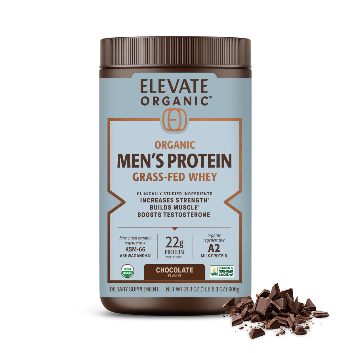 Elevate Organic Men's Whey Protein Chocolate powder in a scoop boosts post-workout recovery.
