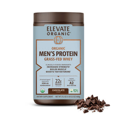 Elevate Organic Men's Whey Protein Chocolate powder in a scoop boosts post-workout recovery.