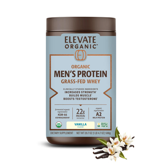 Elevate Organic Men's Whey Vanilla tub highlights grass-fed protein quality.
