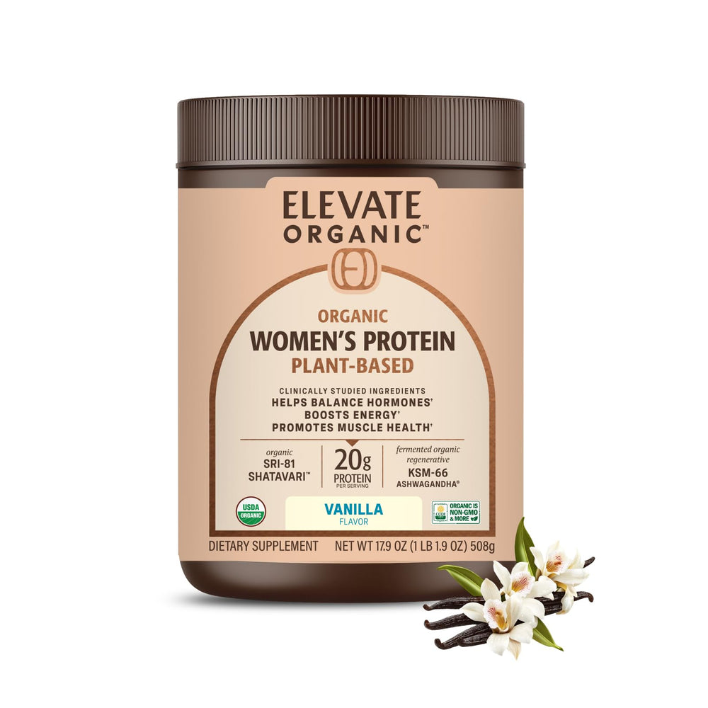 ELEVATE ORGANIC Women’s Plant Protein Powder bottle in vanilla flavor supports daily protein intake
