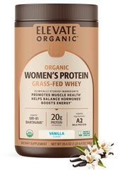 Elevate Organic Women’s Whey Vanilla tub for daily protein support.
