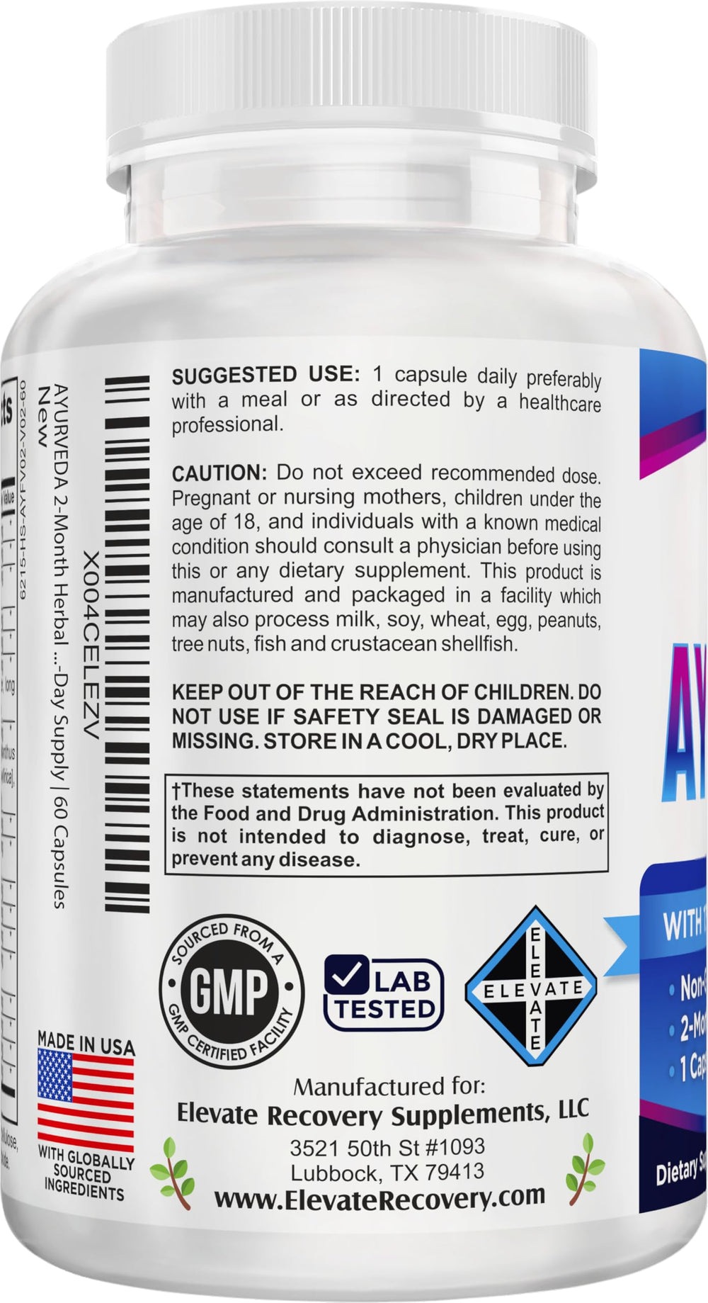 Elevate Recovery Ayurveda Herbs 17-in-1 ingredients-label highlights traditional botanicals for daily rituals.