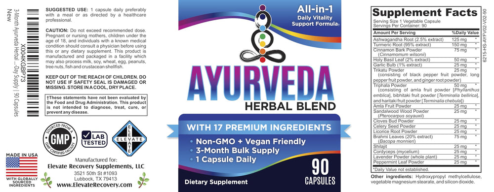 Elevate Recovery bottle label clearly shows dosage and key botanicals.