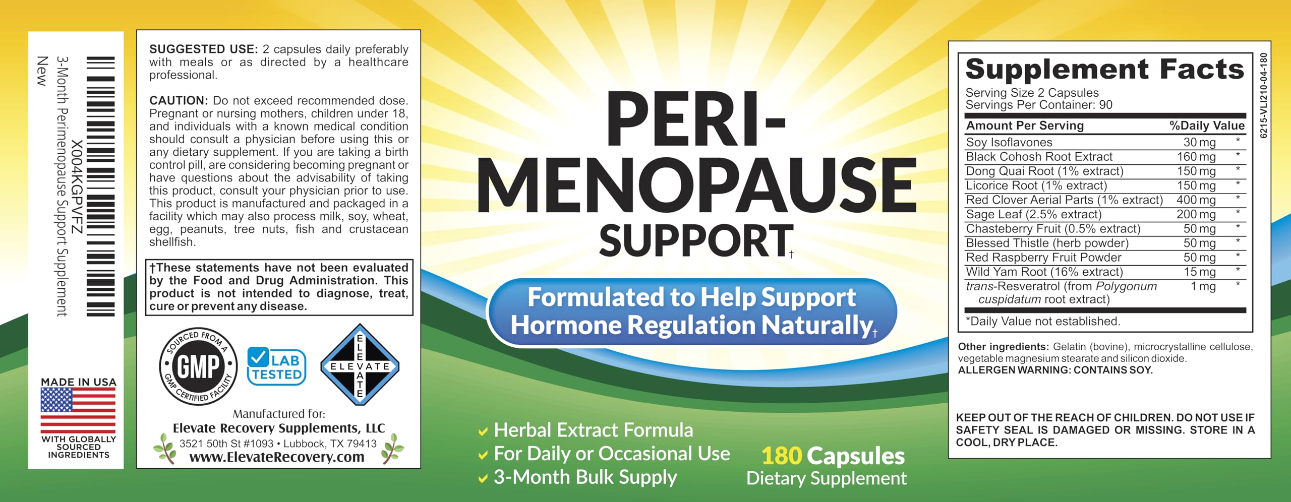 Elevate Recovery packaging illustration showing 180 capsules and 11-herb formula.