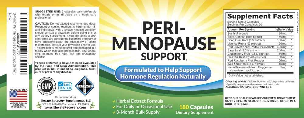 Elevate Recovery packaging illustration showing 180 capsules and 11-herb formula.