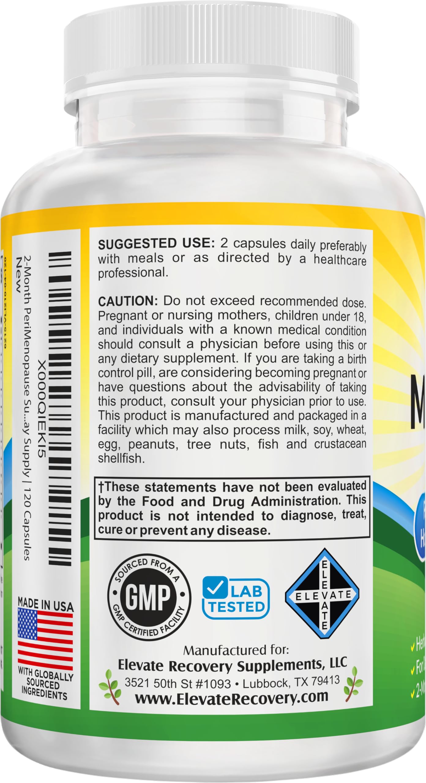 Elevate Recovery Perimenopause capsules close-up highlighting 120-count supply