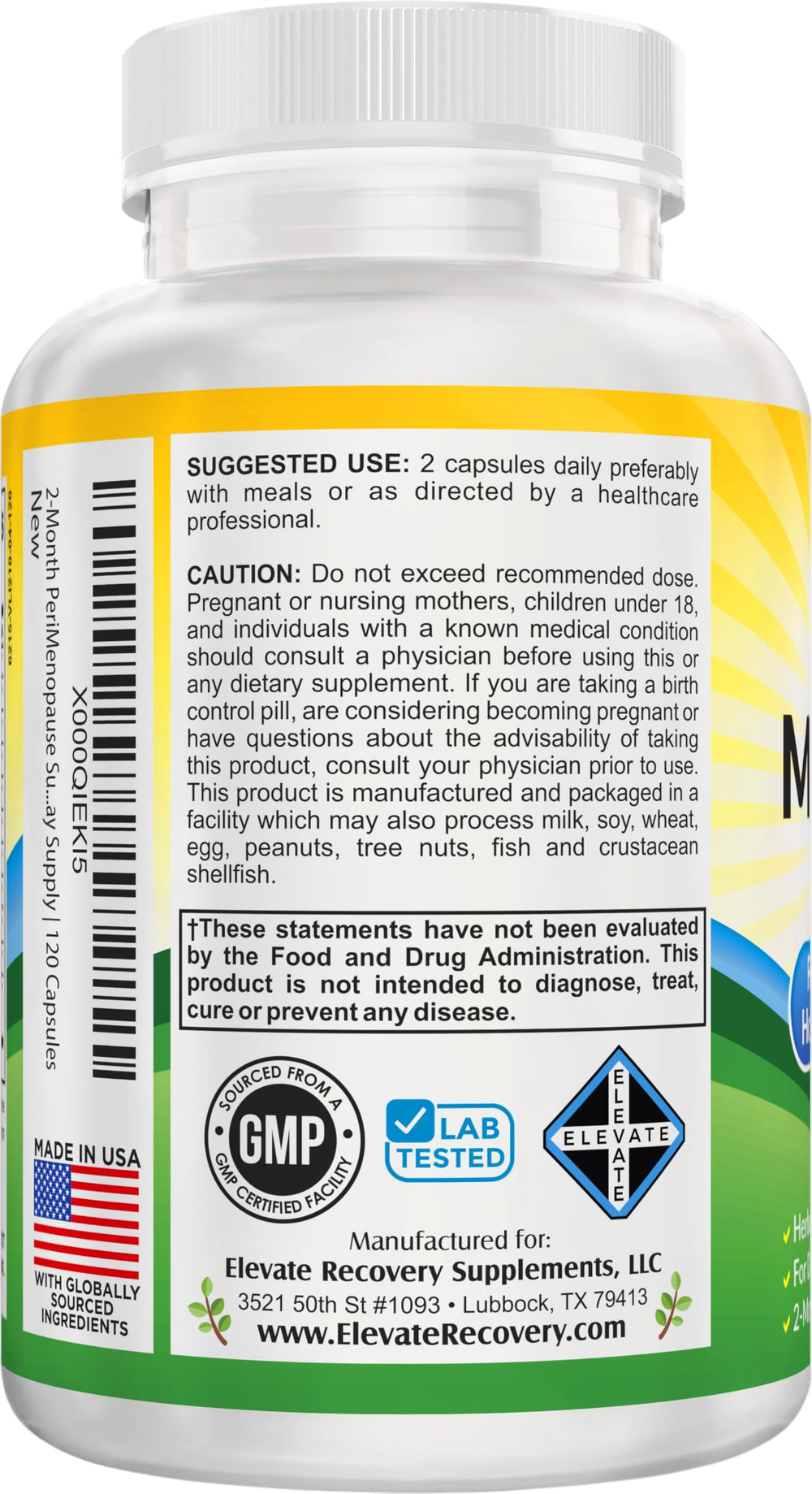 Elevate Recovery Perimenopause capsules close-up highlighting 120-count supply