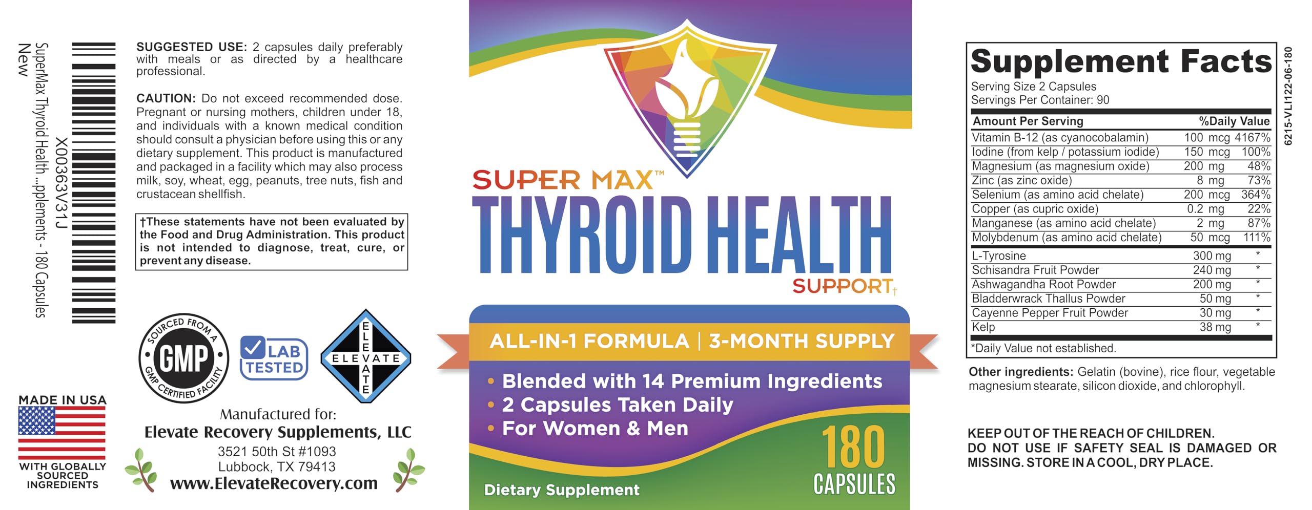 90-day bulk box of Elevate Recovery Thyroid Support packaging for extended use