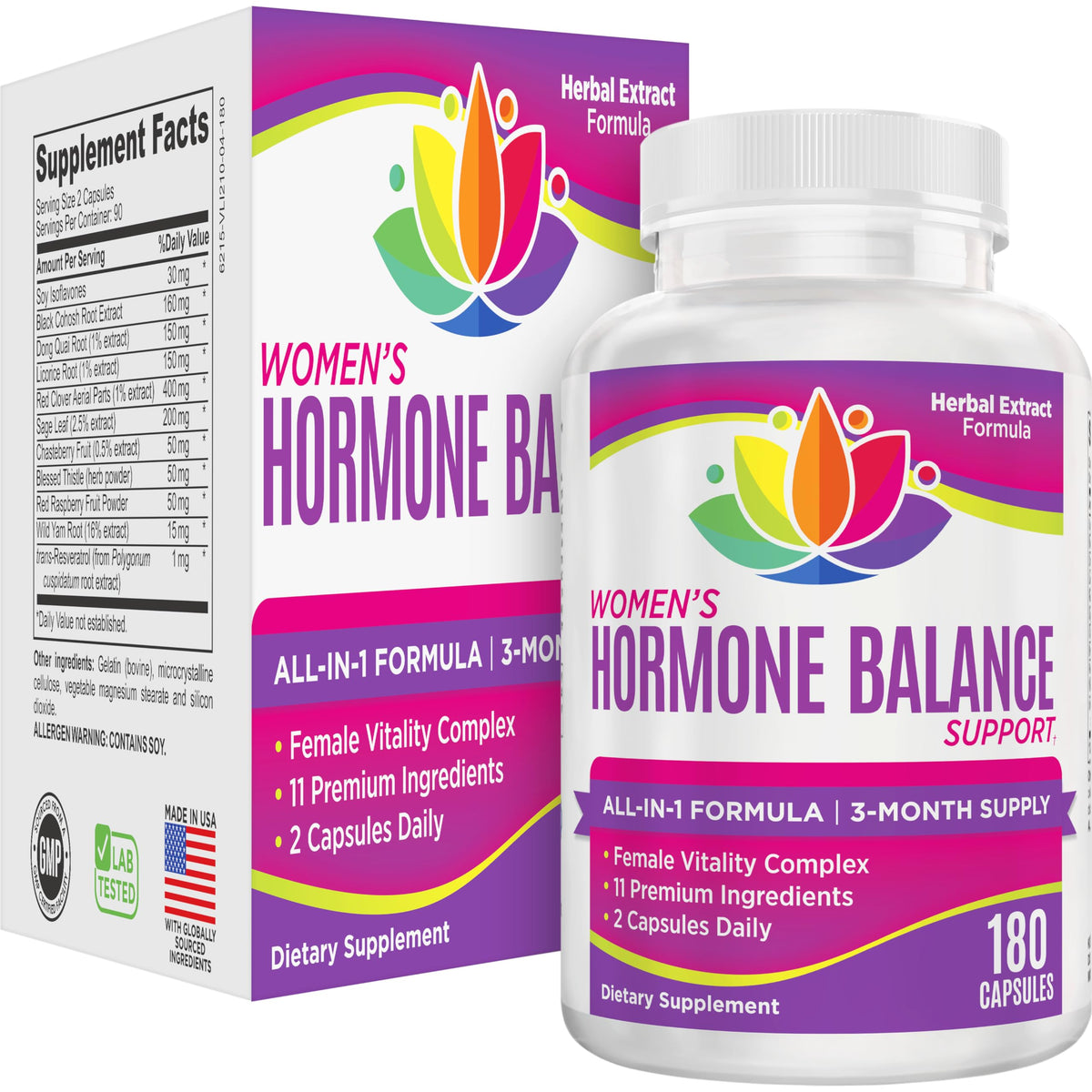 Elevate Recovery Women's Hormone Support bottle front showing 180 capsules for a 3-month supply.