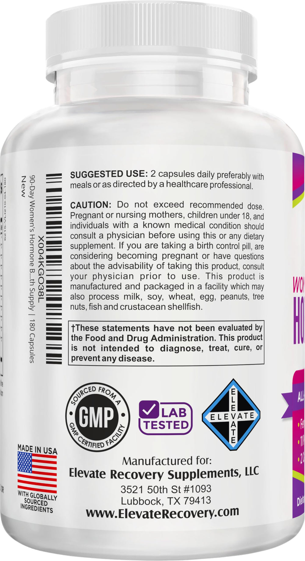 Elevate Recovery Women's Hormone Support ingredient list detail emphasizes natural botanicals.