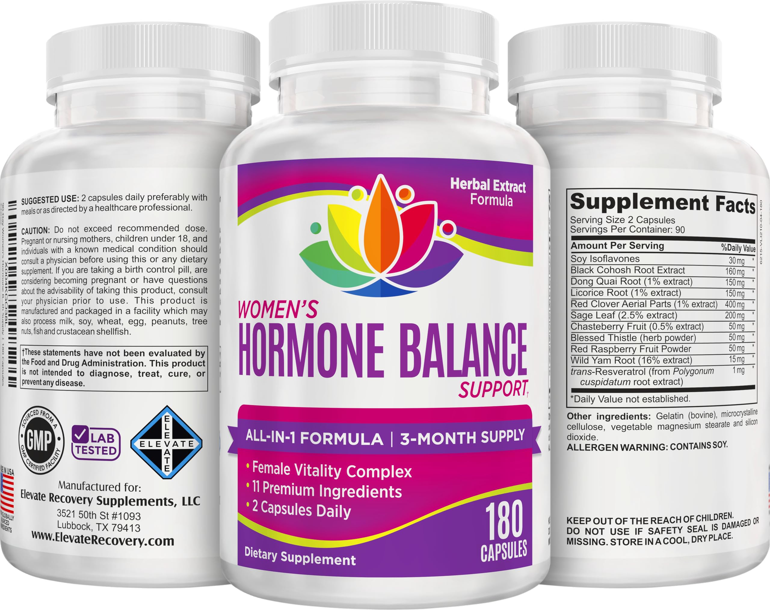 Elevate Recovery Women's Hormone Support label detail helps verify ingredients and freshness.