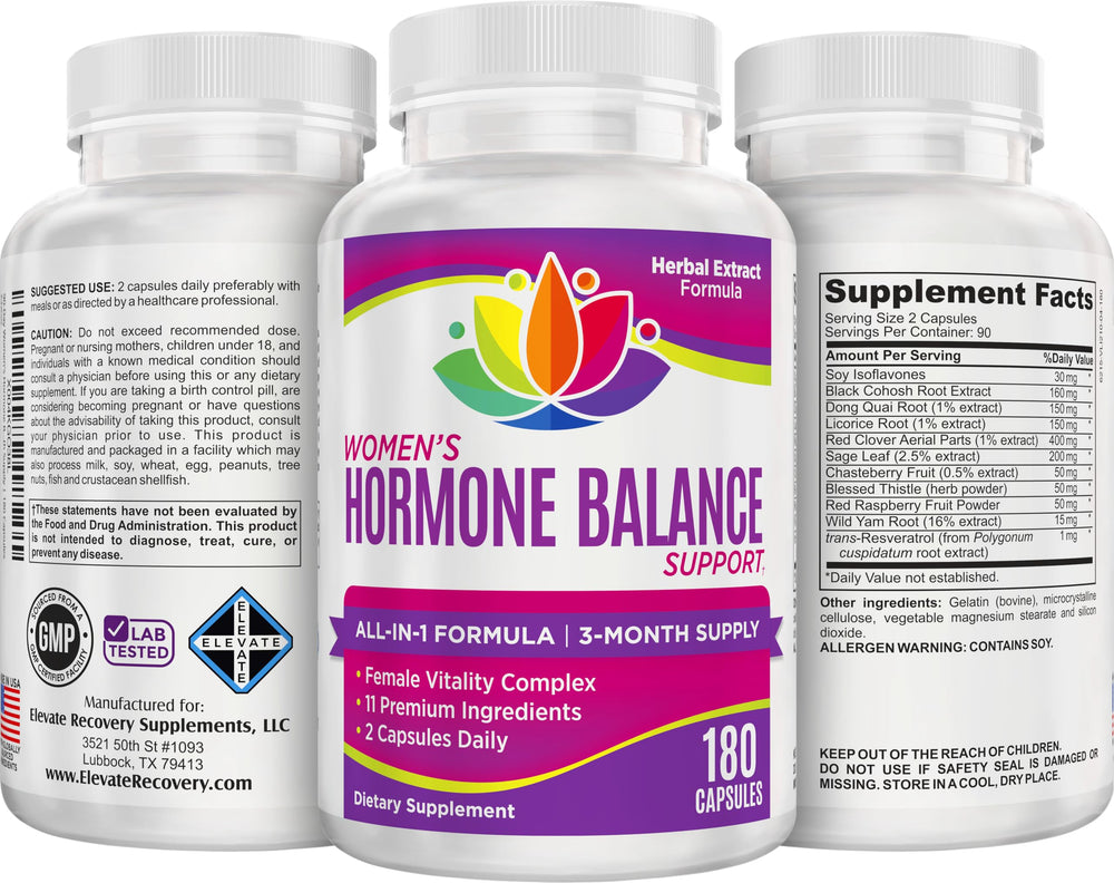 Elevate Recovery Women's Hormone Support label detail helps verify ingredients and freshness.
