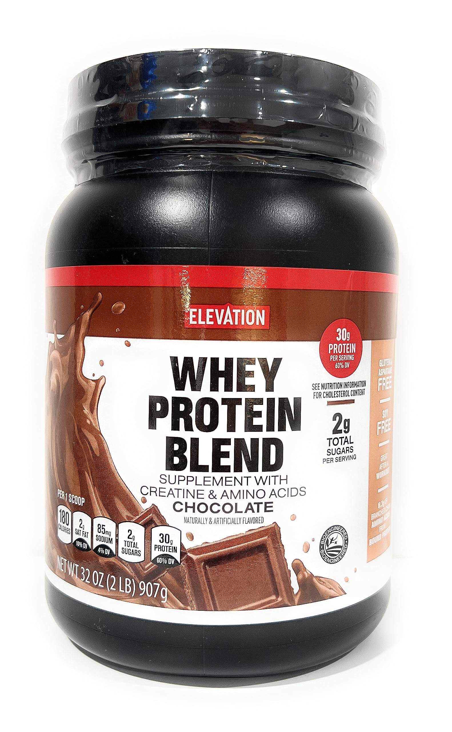 Elevation by Millville chocolate protein powder 32oz bottle ready for pantry storage.