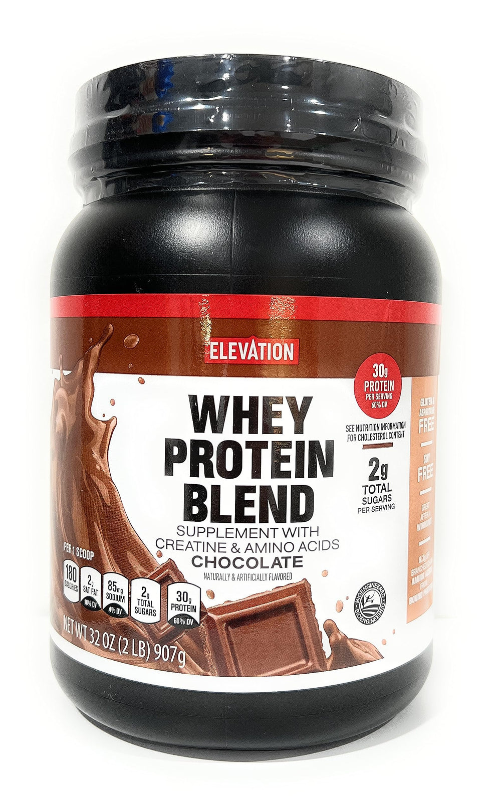 Elevation by Millville chocolate protein powder 32oz bottle ready for pantry storage.
