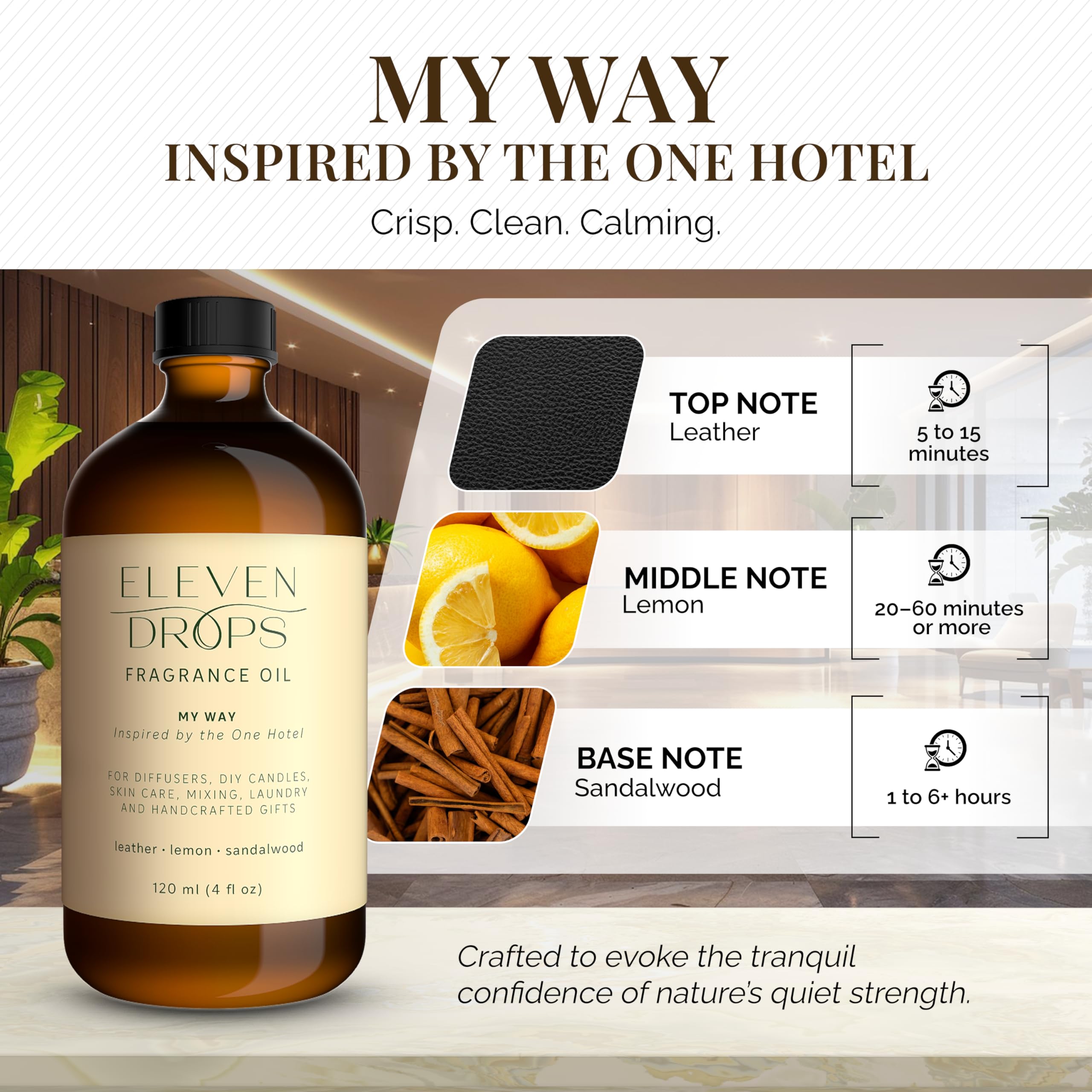 ELEVEN DROPS My Way diffuser oil bottle in hotel-inspired decor, elevates ambience.