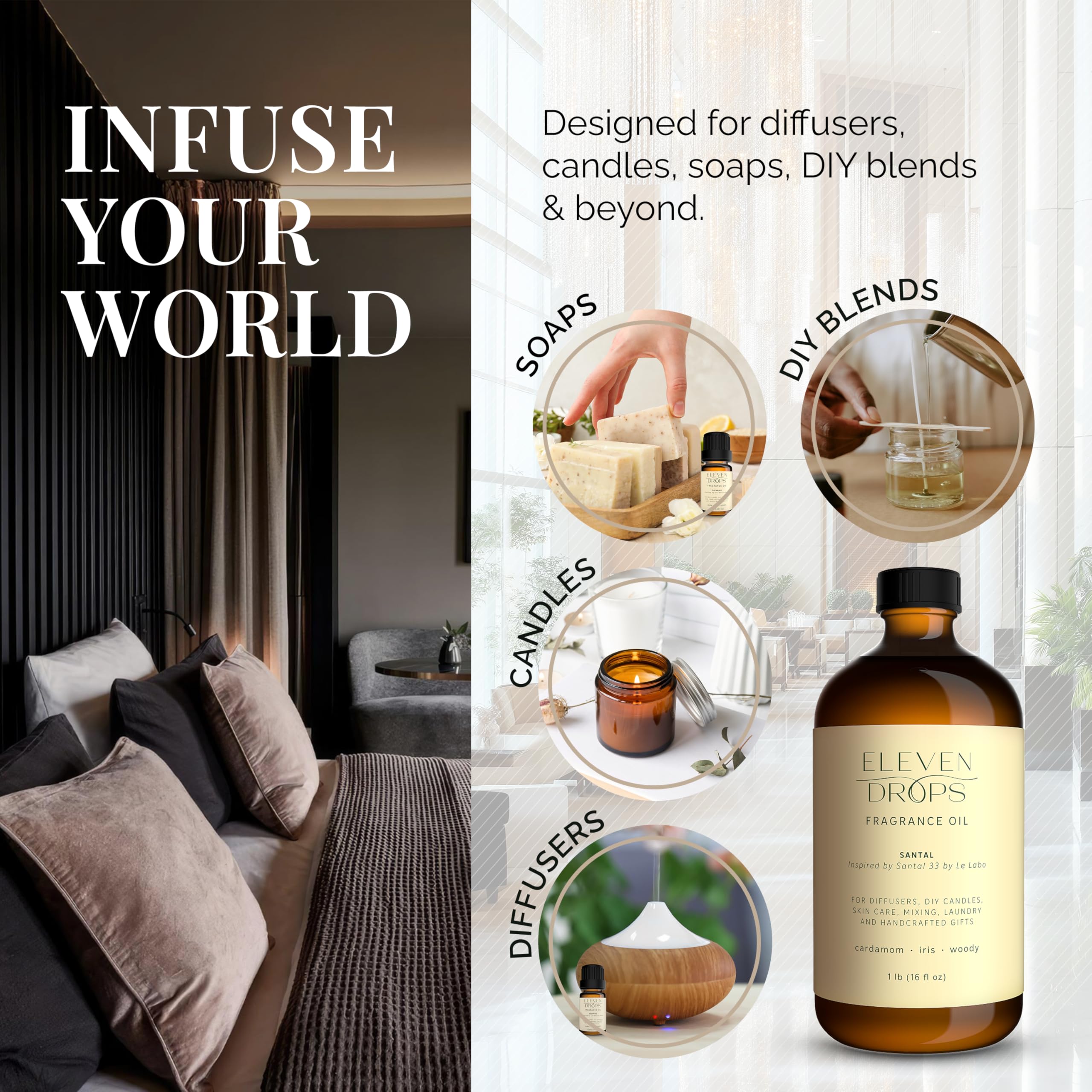 Eleven Drops Santal amber glass bottle preserves pure fragrance potency.