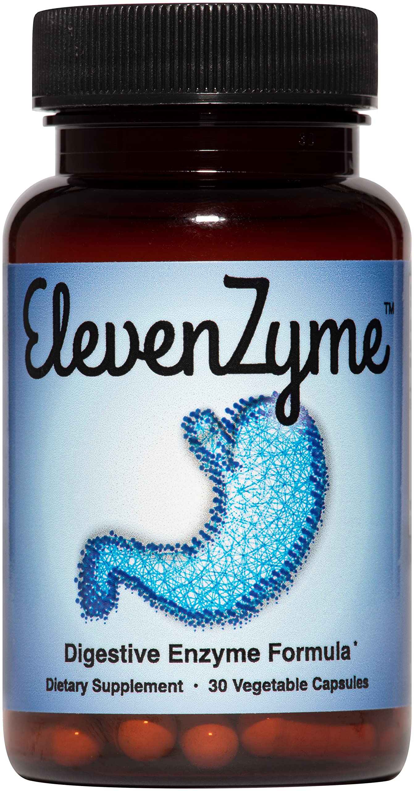 ElevenZyme bottle front view for vegan, non-GMO digestion support.
