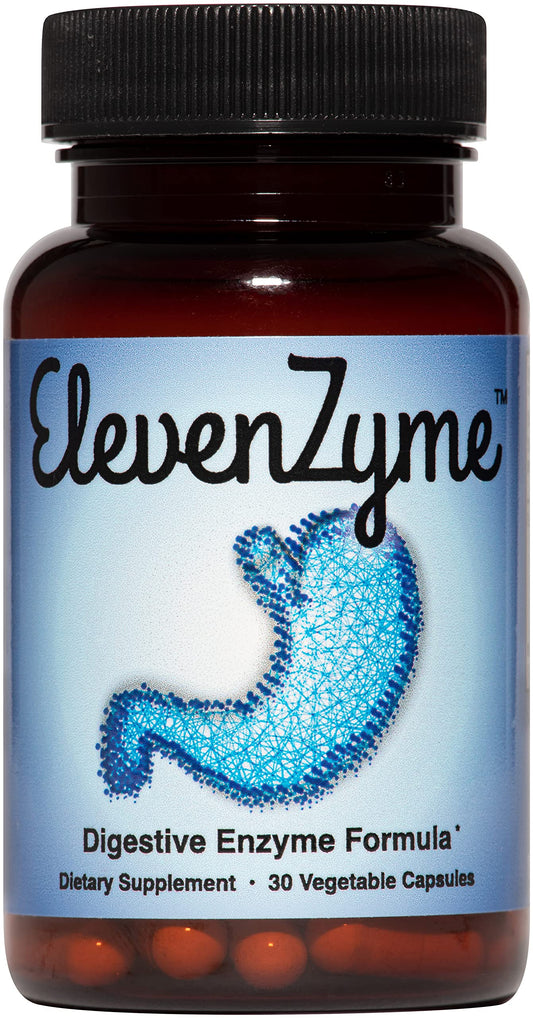 ElevenZyme bottle front view for vegan, non-GMO digestion support.