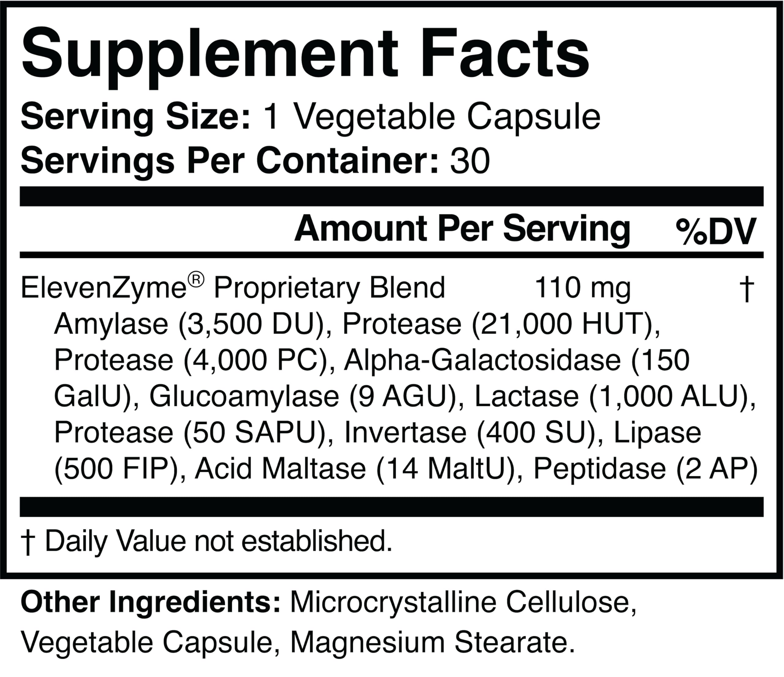 ElevenZyme label highlights non-GMO vegan enzyme blend.