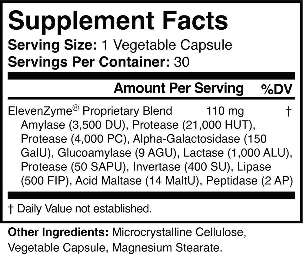 ElevenZyme label highlights non-GMO vegan enzyme blend.