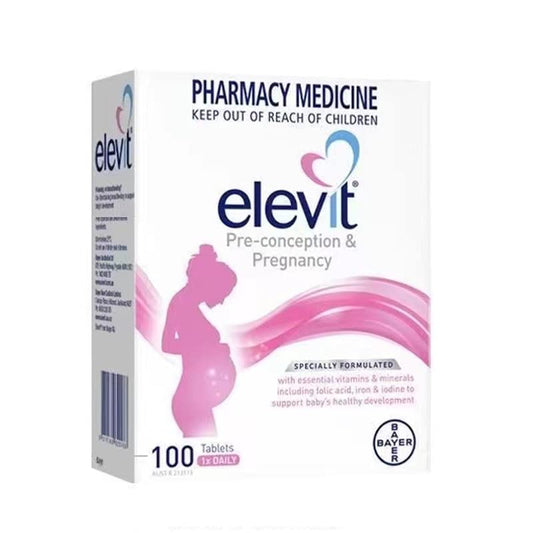 Elevit TAB with Iodine 100s bottle side view highlighting folic acid and iron.