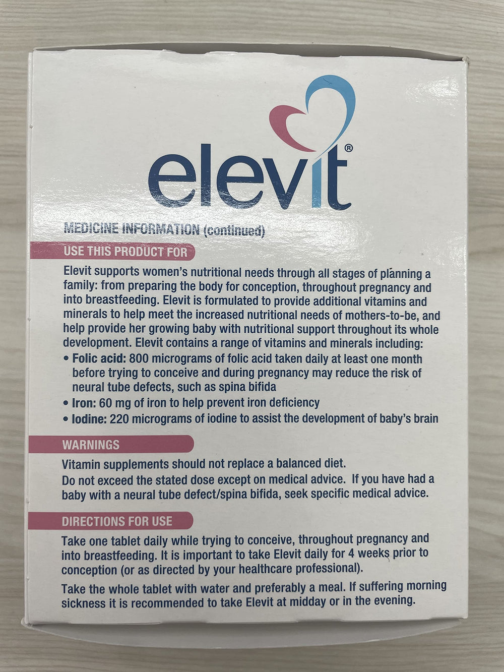 Elevit TAB with Iodine 100s packaging showing iodine and daily dosage information.