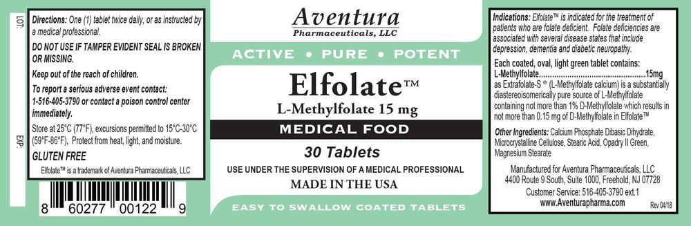 Close-up ELFOLATE 15mg label highlighting purity and potency.