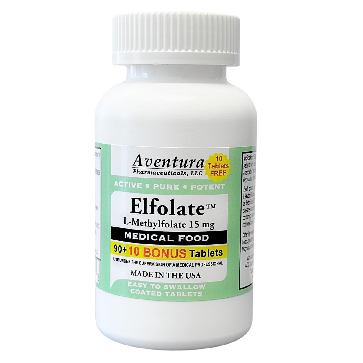 ELFOLATE bottle with easy-to-swallow coated tablets visible for daily use.