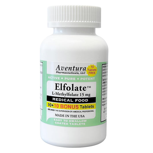 ELFOLATE bottle with easy-to-swallow coated tablets visible for daily use.