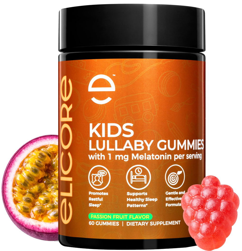 ELICORE kids melatonin gummies 1mg bottle close-up for gentle bedtime support