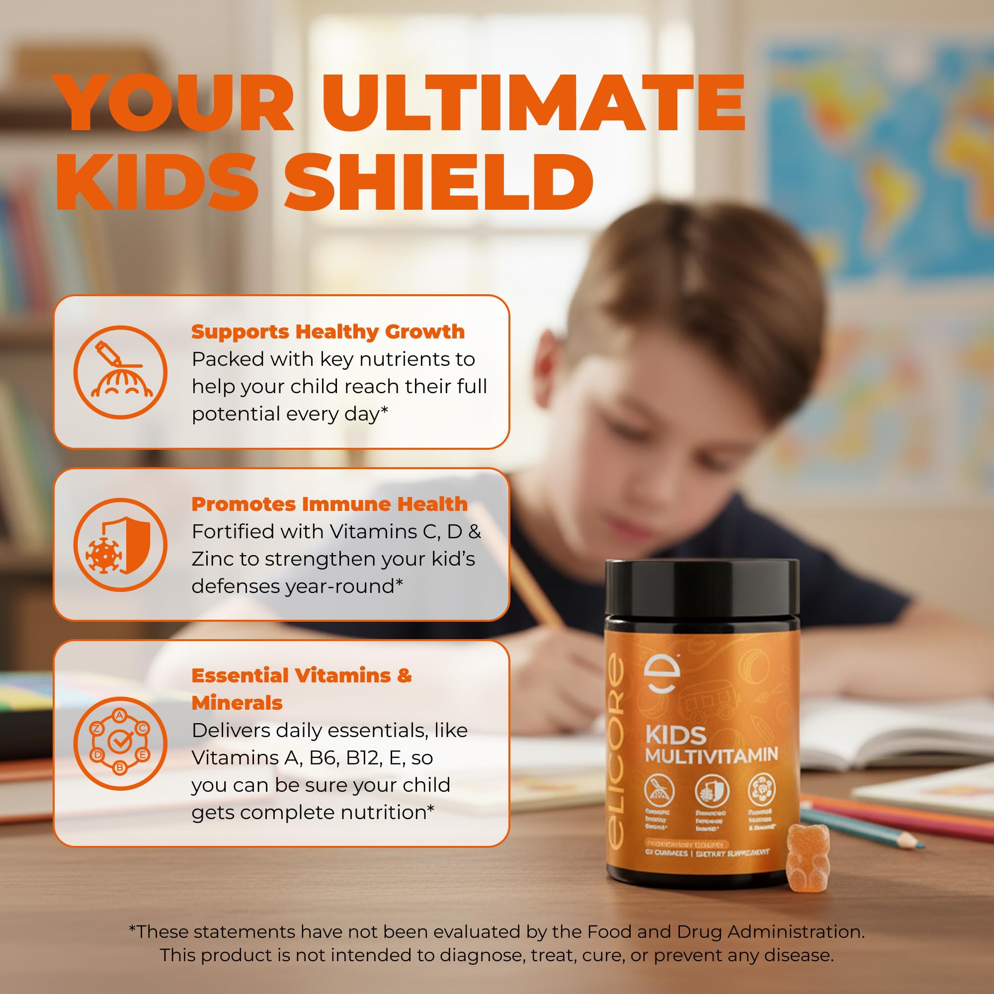 ELICORE gummies close-up texture showing chewy, tasty daily nutrition for kids
