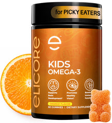 ELICORE Kids Omega 3 Gummies orange bottle displayed for easy daily use.