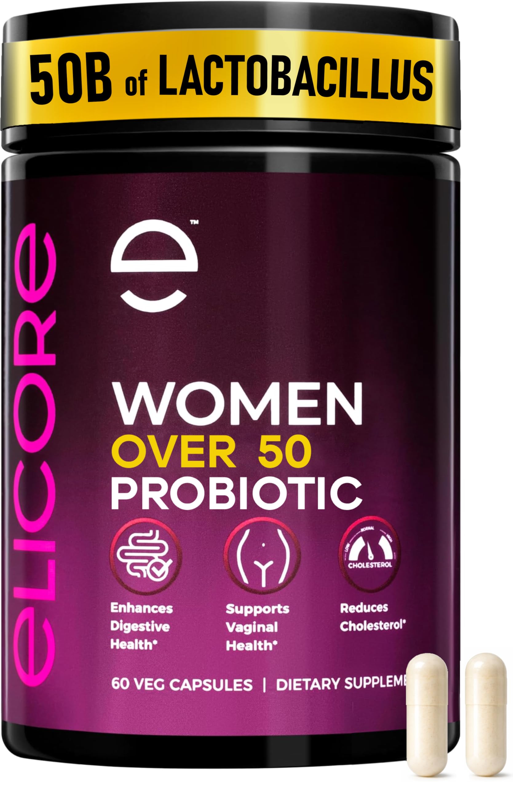 ELICORE Probiotics bottle with capsules supports women's digestive and vaginal health.