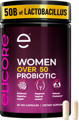 ELICORE Probiotics bottle with capsules supports women's digestive and vaginal health.