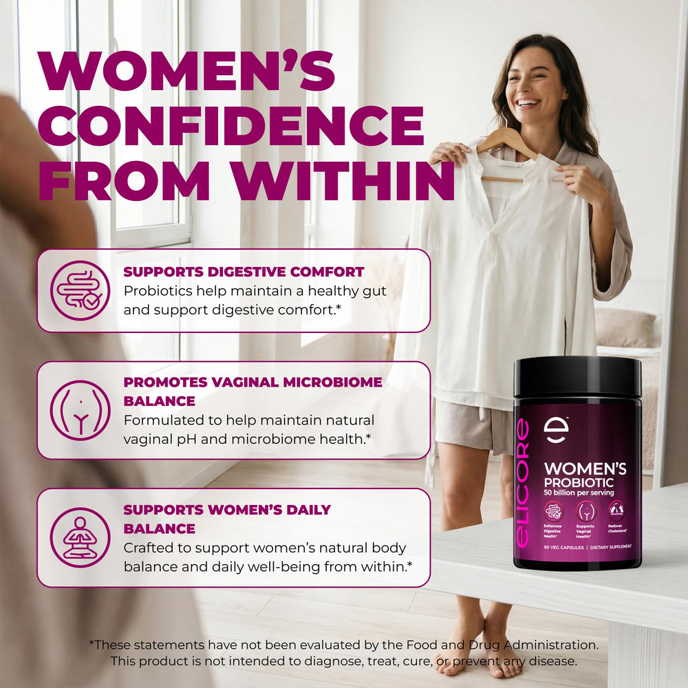 ELICORE capsules close-up highlighting 50B CFU formula for gut wellness.