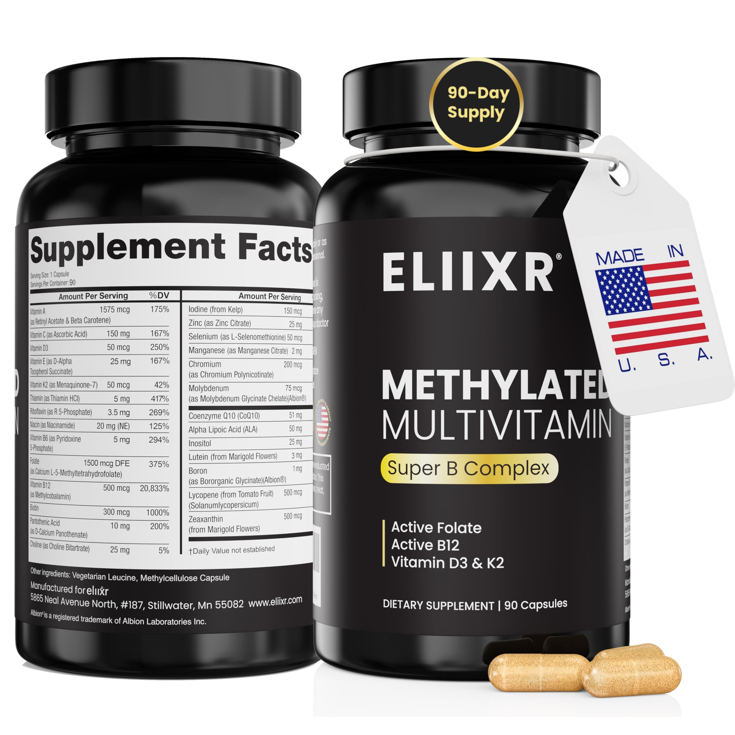 eliixr methylated multivitamin bottle front highlighting daily wellness support.