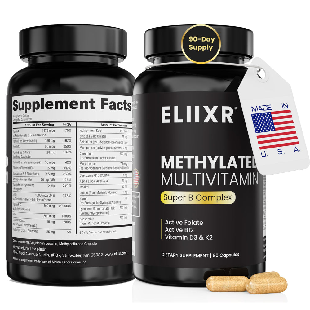 eliixr methylated multivitamin bottle front highlighting daily wellness support.