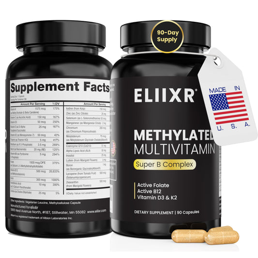 eliixr methylated multivitamin bottle front highlighting daily wellness support.