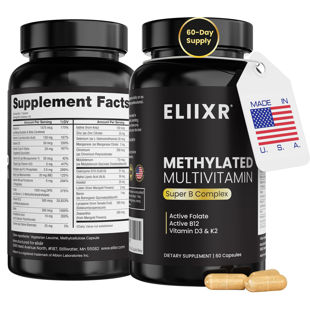 Eliixr Methylated Multivitamin bottle with label supports daily vitality