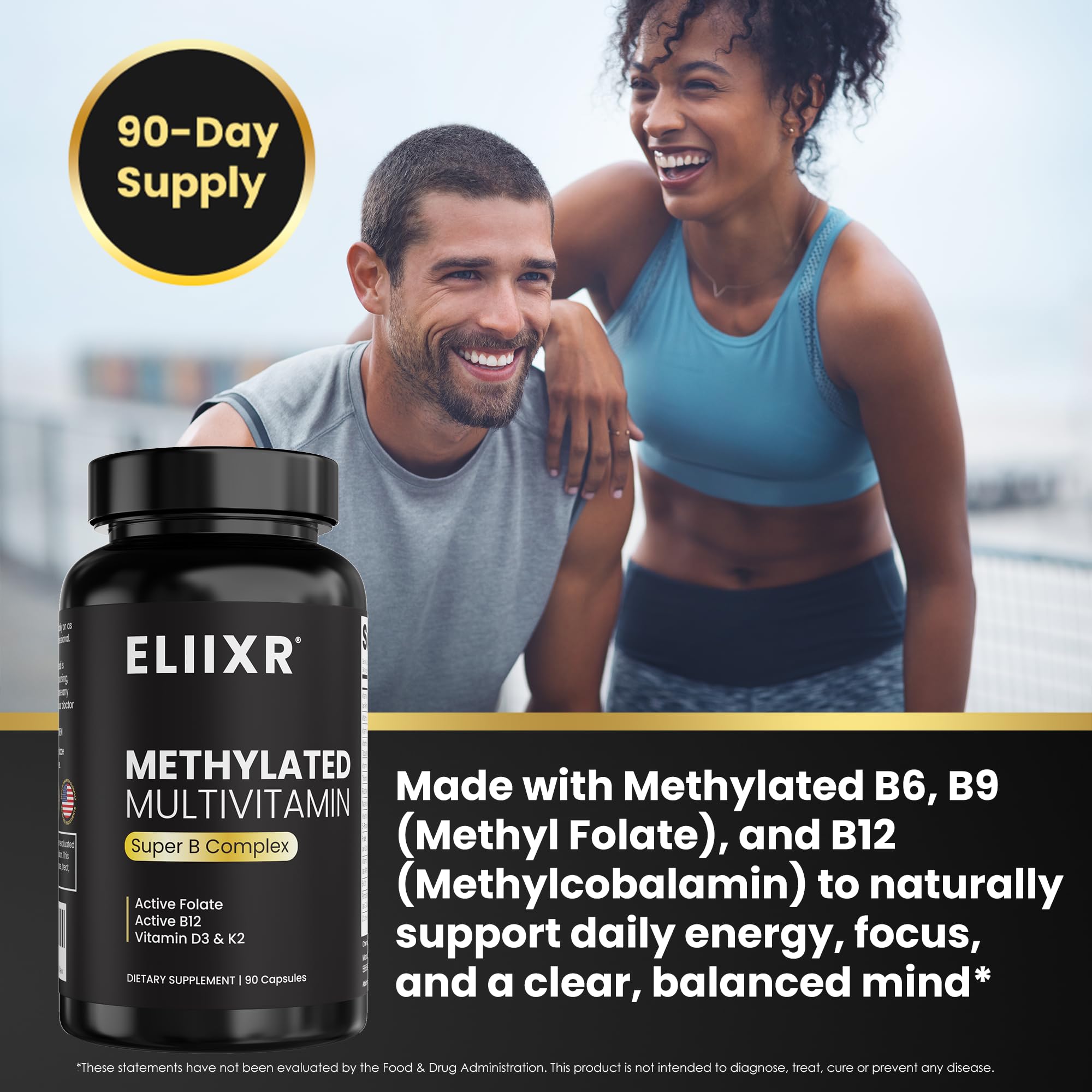 eliixr methylated multivitamin label closeup highlighting 5-MTHF and methylcobalamin.
