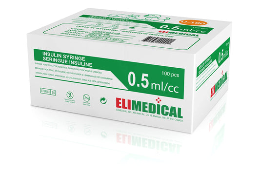 Elimedical veterinary insulin syringe 0.5ml box; individually sealed for sterile dosing.