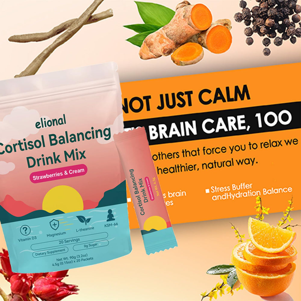 Elional Cortisol Drink Mix strawberries-cream glass ready to sip.