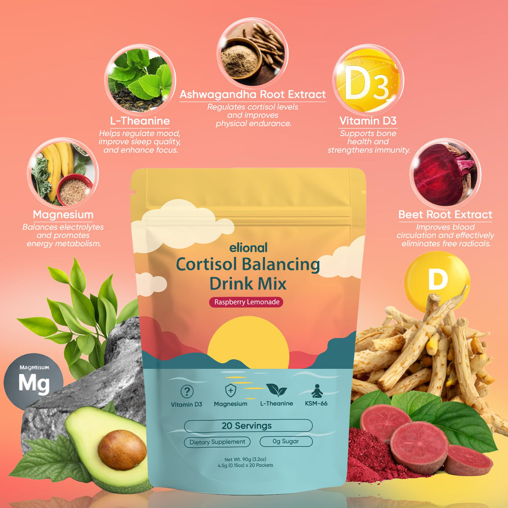 Elional Cortisol Drink Powder poured into water for a refreshing break