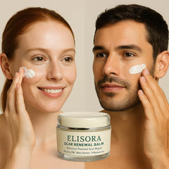 ELISORA Intensive Bruise & Scar Renewal Balm ingredients display with rosehip and shea