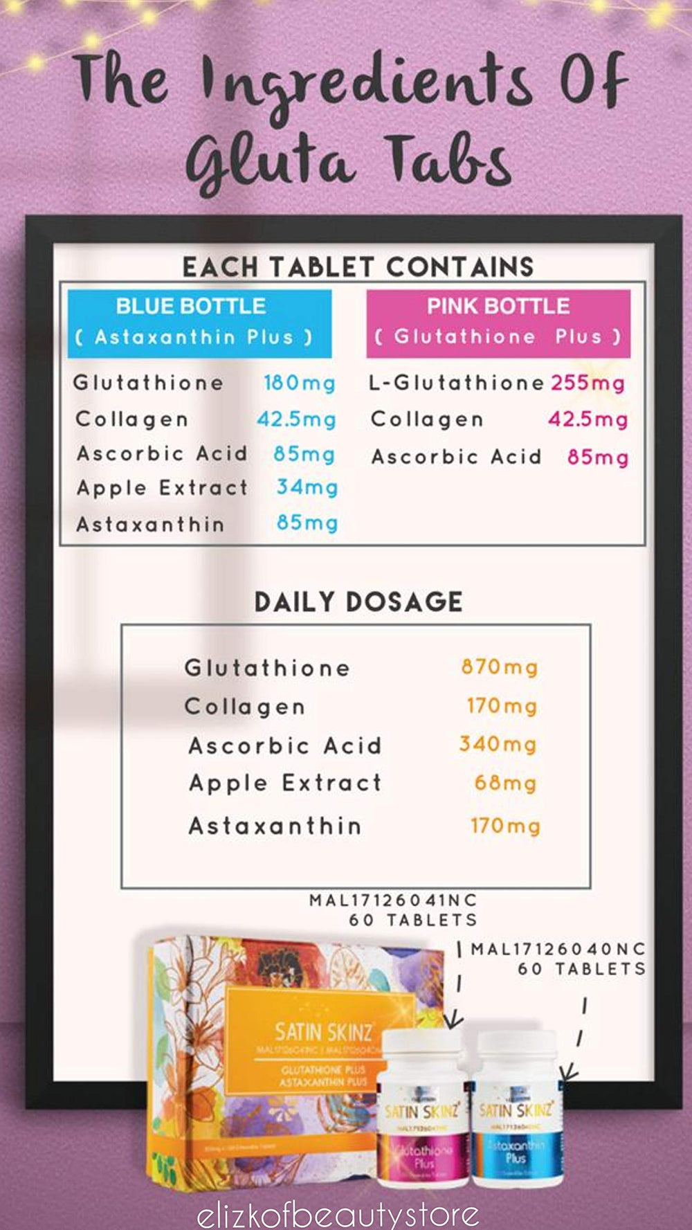Elizkof Satin Skinz Glutathione Plus label highlights clean ingredients for daily use.