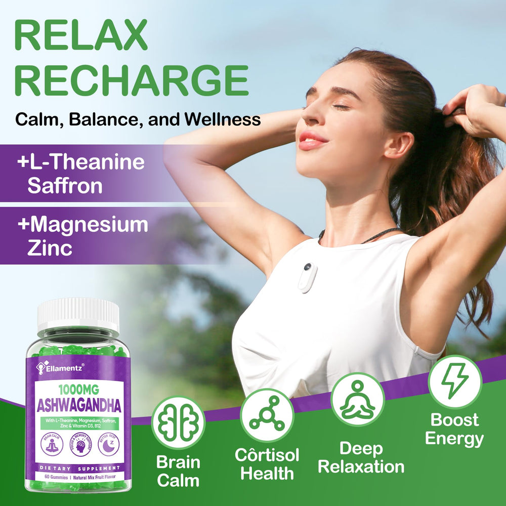 ELLAMENTZ Ashwagandha gummies sugar-free vegan packaging highlights guilt-free daily routine.
