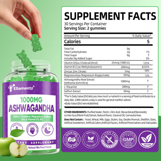 ELLAMENTZ Ashwagandha gummies texture close-up shows chewy consistency for daily stress support.
